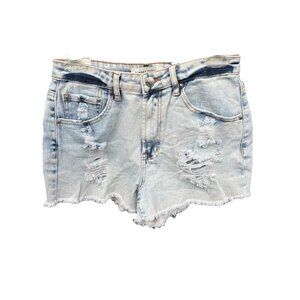Almost Famous Womens Distressed Denim Mom Shorts Size 5 Light Wash